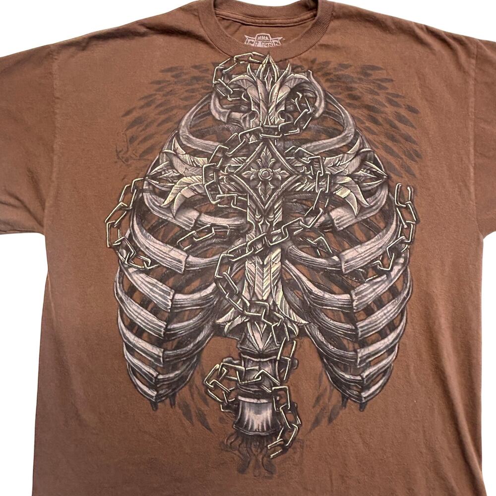 Y2k MMA Elite T-Shirt XL Brown Double Sided Skull Bone Angle Wings Vintage Rare